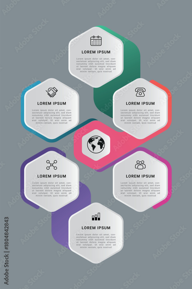 Fototapeta premium Modern hexagon business infographic template with six steps for workflow, strategy, presentation, and data visualization