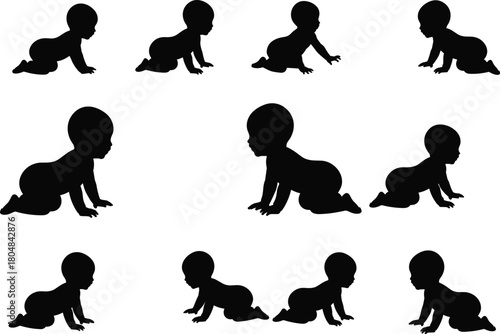 Crawling baby silhouette, infant motion pose, black baby crawl icon, toddler movement graphic, isolated child shape, white background design