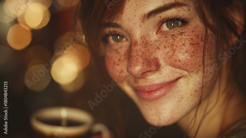 A woman with freckles is looking at the camera and holding a cup of coffee
