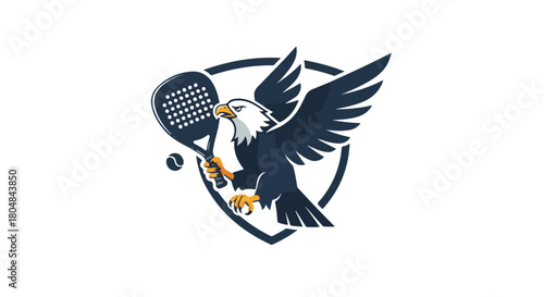 Eagle holding a paddle tennis racket with a ball in a shield emblem