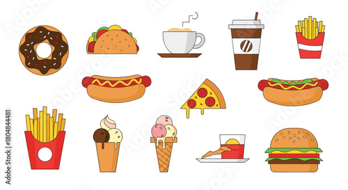 A collection of colorful flat-style illustrations of popular fast food and drink items.