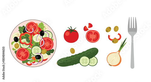 A colorful and fresh salad made with tomatoes, cucumbers, peppers, onions, and olives, surrounded by individual ingredients and a fork.
