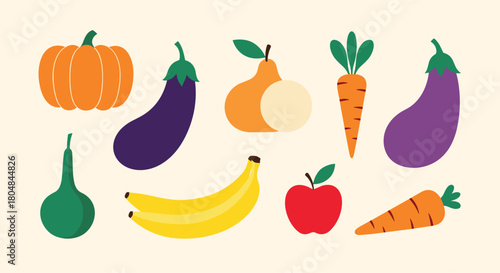 Collection of colorful fruits and vegetables arranged against a plain background.