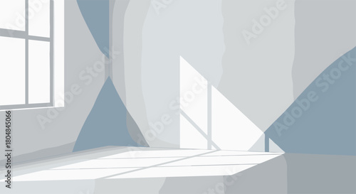 Abstract minimalistic room interior with soft blue curtains and sunlight streaming through a window.