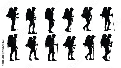Hiking silhouettes with backpacks and trekking poles isolated on white background, Vector