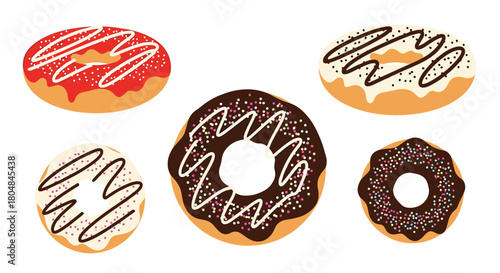 A collection of five colorful frosted donuts with sprinkles and drizzles on a white background.
