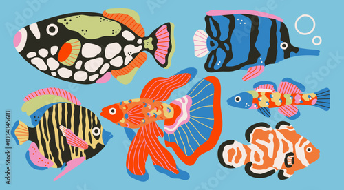Various exotic Fish set. Different species. Beautiful colorful aquarium, sea, ocean fish. Hand drawn Vector illustration. Isolated design elements. Tropical underwater wildlife, coral reef concept