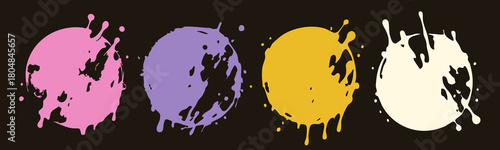Circles with paint splashes. Round icons. Colorful Ink splatters. Liquid stains, burst, spots, drops, dots. Hand drawn trendy Vector illustration. Isolated design elements