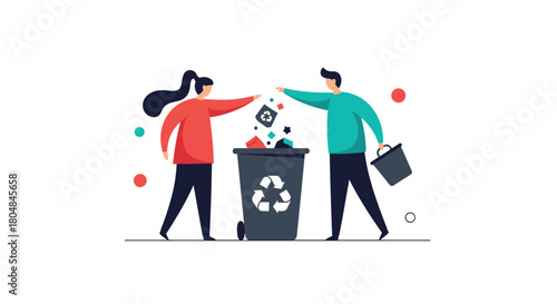 Two people are throwing trash into a recycling bin to promote environmental cleanliness.
