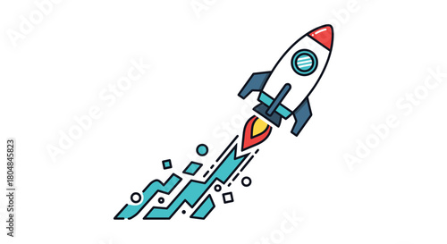 Cartoon rocket ship blasting off with fiery exhaust and abstract geometric trail.