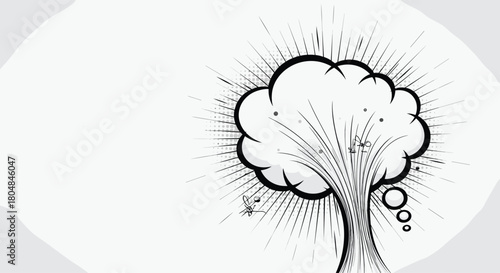 Stylized black and white thought bubble in the shape of a bursting tree with radiating lines and small dots.