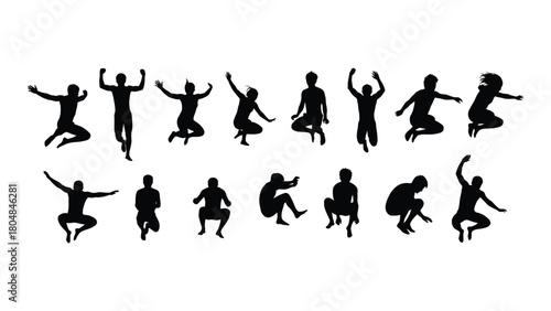 Dynamic jumping and squatting people silhouettes isolated on white background, Vector