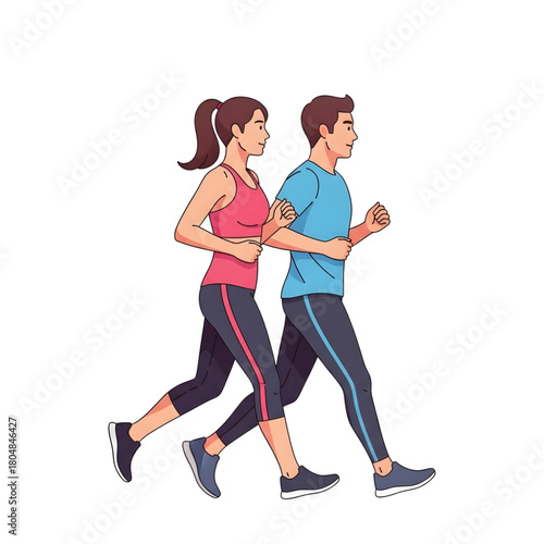 Energetic Run: A dynamic duo sprints forward, their shared stride and vibrant outfits highlighting the energy and spirit of their shared fitness journey.