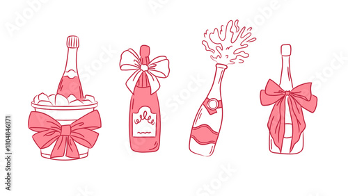 Champagne and wine bottle party set. Alcohol bottles decorated with bows, coquette elements of champagne party