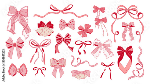 Whimsical red and pink bows, coquette elements made of ribbons, ruffles, and lace