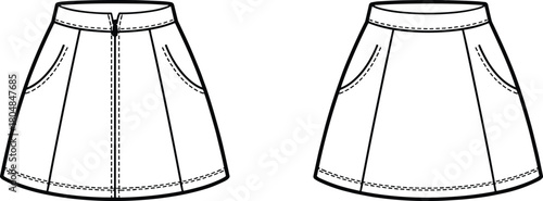 A-line skirt technical sketch, front view comparison, zipper closure, side pockets, seam detail, fashion flat drawing, garment design template