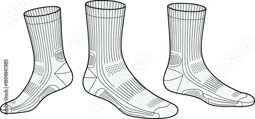 Athletic socks illustration, technical footwear sketch, sports sock design, ribbed cuff detail, reinforced heel toe, breathable compression zones, ergonomic apparel drawing, performance wear