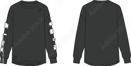 Black long sleeve crew neck shirt front and back view, distressed fashion design with patchwork sleeves, apparel clothing template illustration