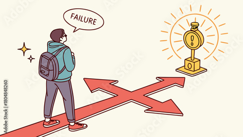 Ambitious youth standing between failures and success signs, choosing hopeful path with glowing 2D guidance arrows 