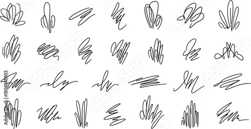 Abstract foliage sketch vector set, black hand-drawn grass and shrub motifs, editable premium botanical artwork