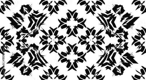 Abstract geometric vector pattern, black-and-white symmetrical jagged design, editable kaleidoscopic artwork, premium decorative layout