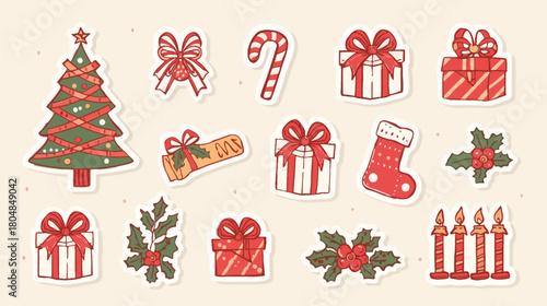 Festive Christmas Stickers Tree Gifts Candy Cane Holly Stocking and Candles