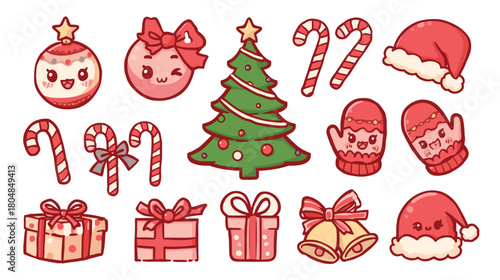 Cute Christmas Kawaii Style Illustration with Ornaments Candy Canes Gifts and Bells
