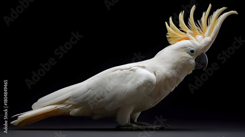 White cockatoo features a sleek, elegant studio style against dark backdrop. Suitable for educational use, wildlife articles, or exotic pet materials.