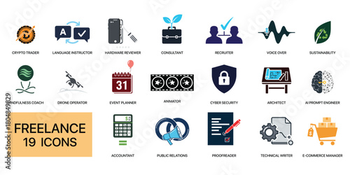 Collection of freelance and business related icons on a white background