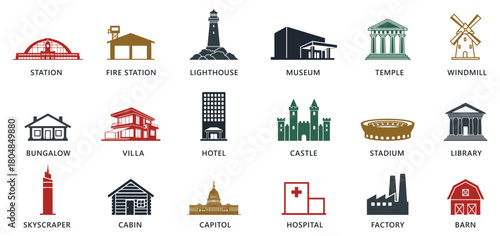Collection of famous landmarks and buildings around the world in silhouette style