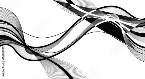 Abstract wave line vector design, black-and-white flowing curves with dynamic symmetry, editable premium artwork