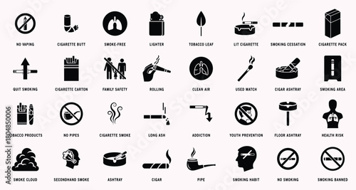 Vector illustration of smoking and tobacco use related icons in black and white