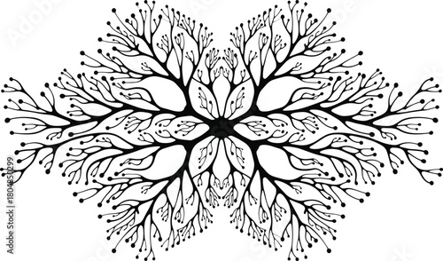Fractal branching vector design, black-and-white symmetrical organic pattern with recursive geometry, editable premium artwork