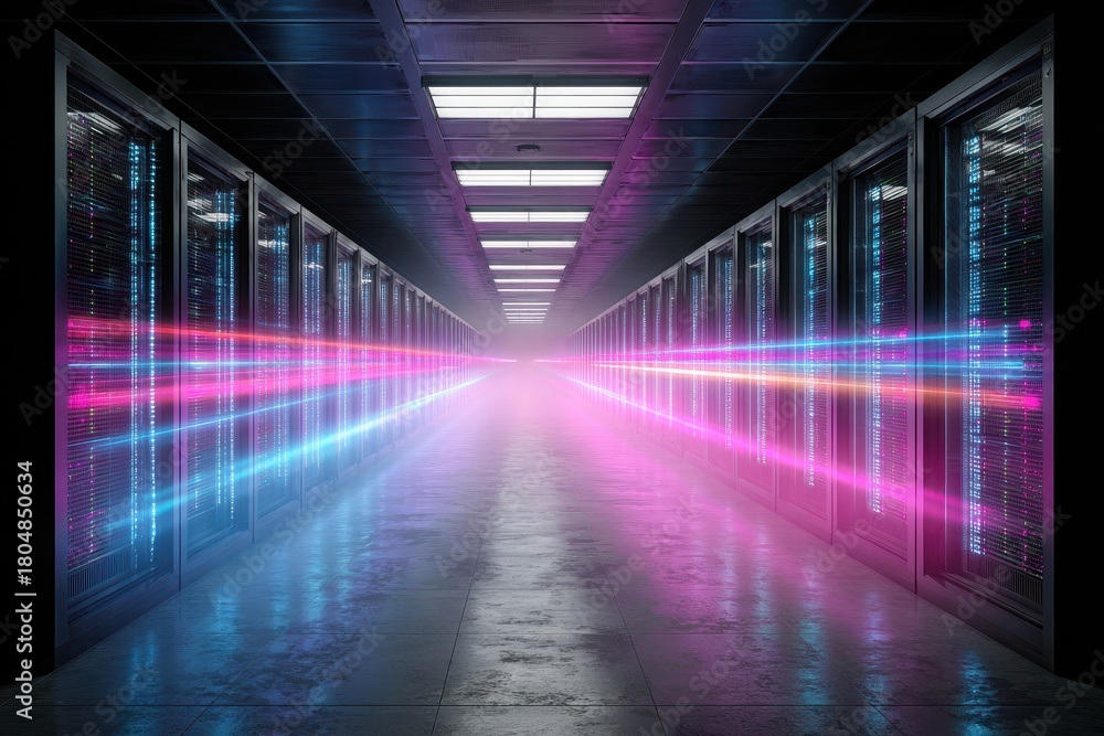 Fototapeta premium Captivating scene of a glowing server farm in a secluded valley, where mist dances around vivid light trails representing AI connectivity