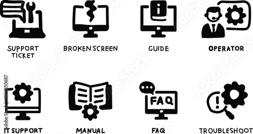 Collection of IT support and troubleshooting icons, including error alerts, maintenance, online assistance, installation, cloud computing, FAQ and more.