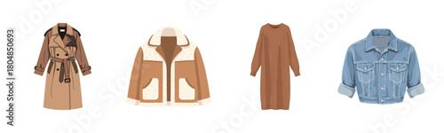 Stylish fall and winter outerwear collection: trench coat, shearling jacket, sweater dress, denim jacket