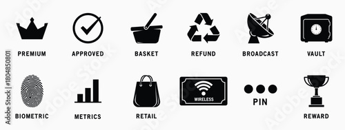 Collection of black and white icons representing various concepts like royalty success technology and security