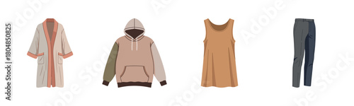 Casual clothing set: robe, hoodie, tank top, and pants on white background
