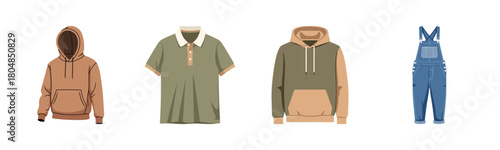 Variety of casual clothing: hoodie, polo shirt, overalls in neutral colors