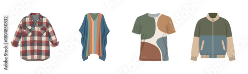 Stylish casual apparel collection: plaid shirt, colorful poncho, abstract t-shirt, trendy jacket