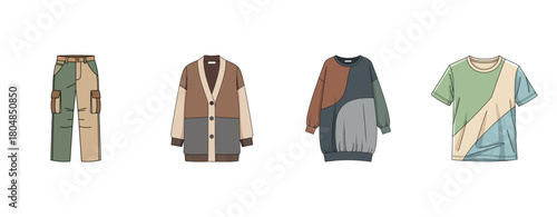 Colorful casual clothing: pants, cardigan, sweater, and t-shirt collection