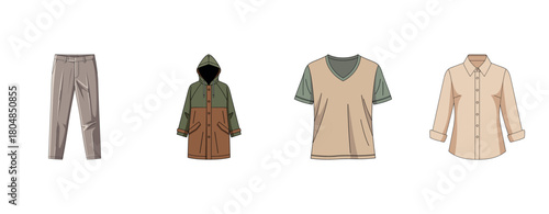 Various clothing items including pants, jacket, t-shirt, and shirt on white background