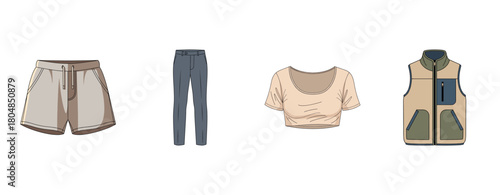 Casual clothing set: shorts, pants, cropped top, and vest in neutral tones