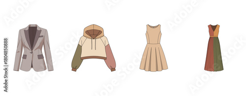 Collection of stylish clothing: blazer, hoodie, dress, and gown on white background