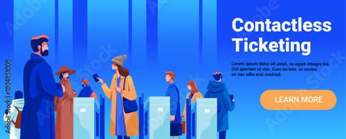 Contactless ticketing people using smartphones at turnstiles urban commuters modern public transport blue gradient background website banner