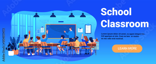 School classroom teacher students learning modern interior chalkboard desks plants large windows blue background website banner
