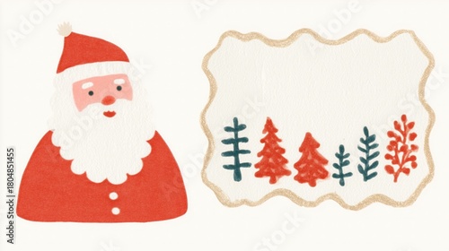 Christmas wallpaper and poster featuring Santa Claus, empty decorative frame with trees and foliage, set against white background. Soft textured festive holiday illustration for seasonal greeting use.