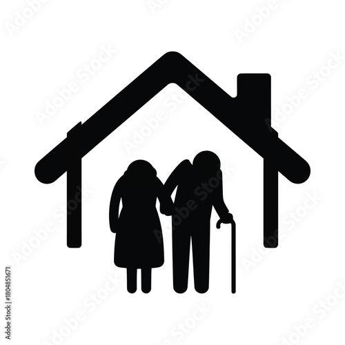 Elderly couple silhouette under protective roof icon
