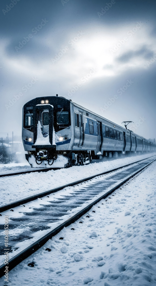 Obraz premium Train travels on a snow covered track on a cloudy winter day. Transportation in snowy weather, winter travel, journey concept.