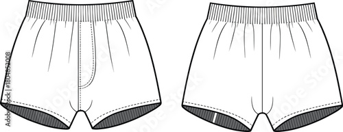 Boxer briefs technical sketch, front view comparison, fly opening, panel variation, elastic waistband, fashion flat drawing, garment design template